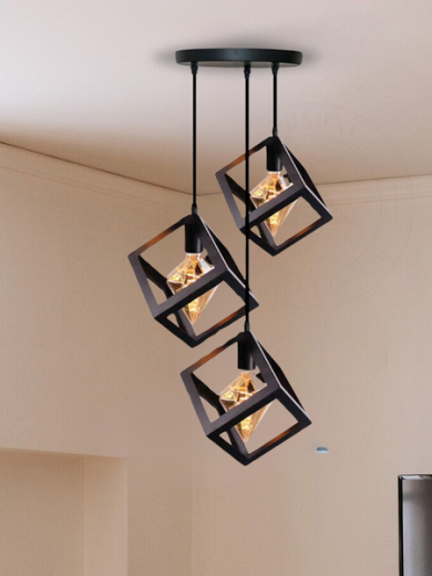 3 Head Black Square Wire Cage Bar Triple Hanging Pendant Light ~5297